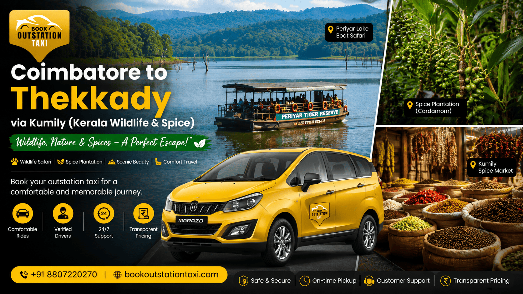 Coimbatore to Thekkady Outstation Taxi | Kerala Wildlife & Spice Tour