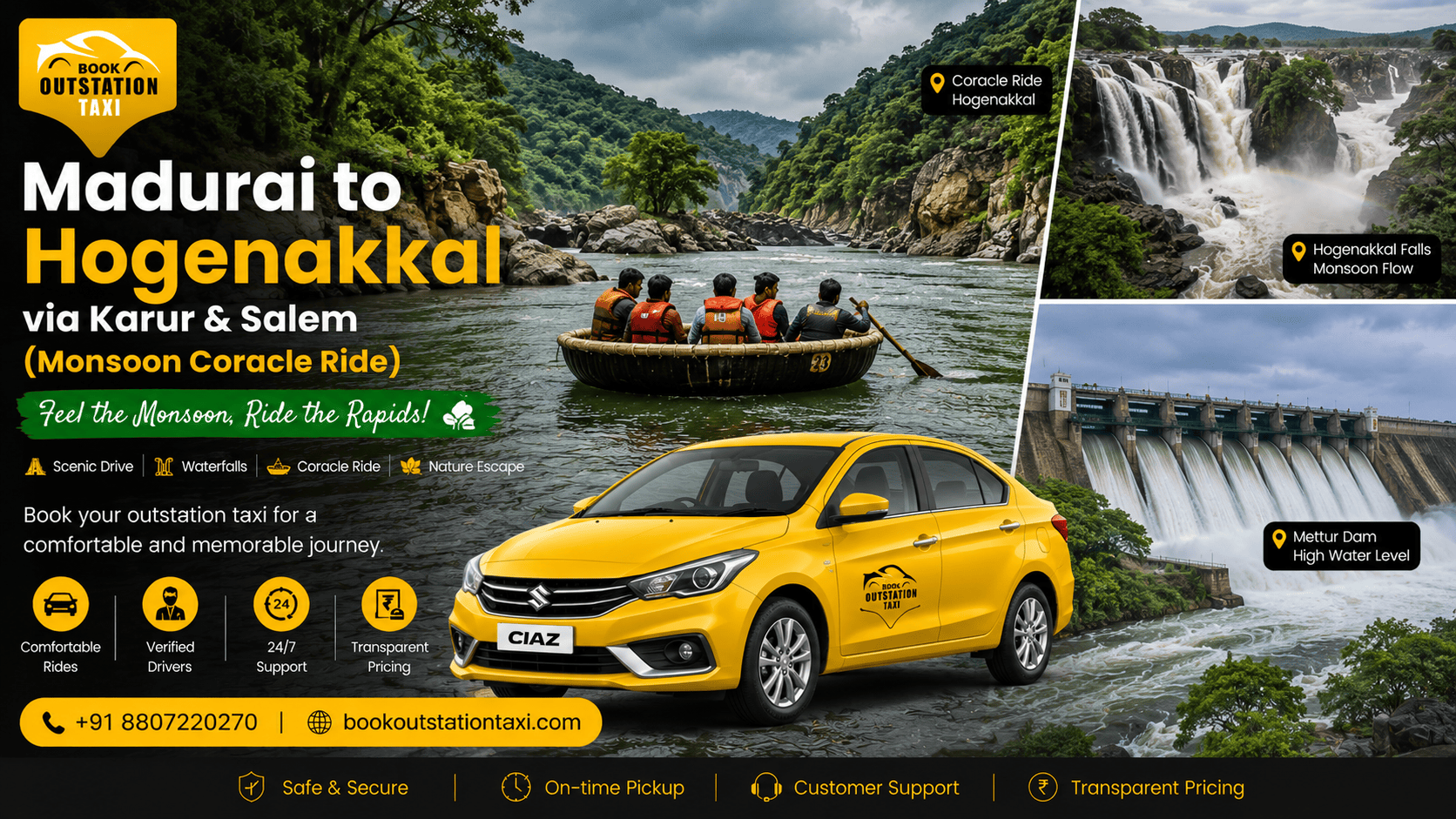 Madurai to Hogenakkal Outstation Taxi | Monsoon Coracle Rides 2026