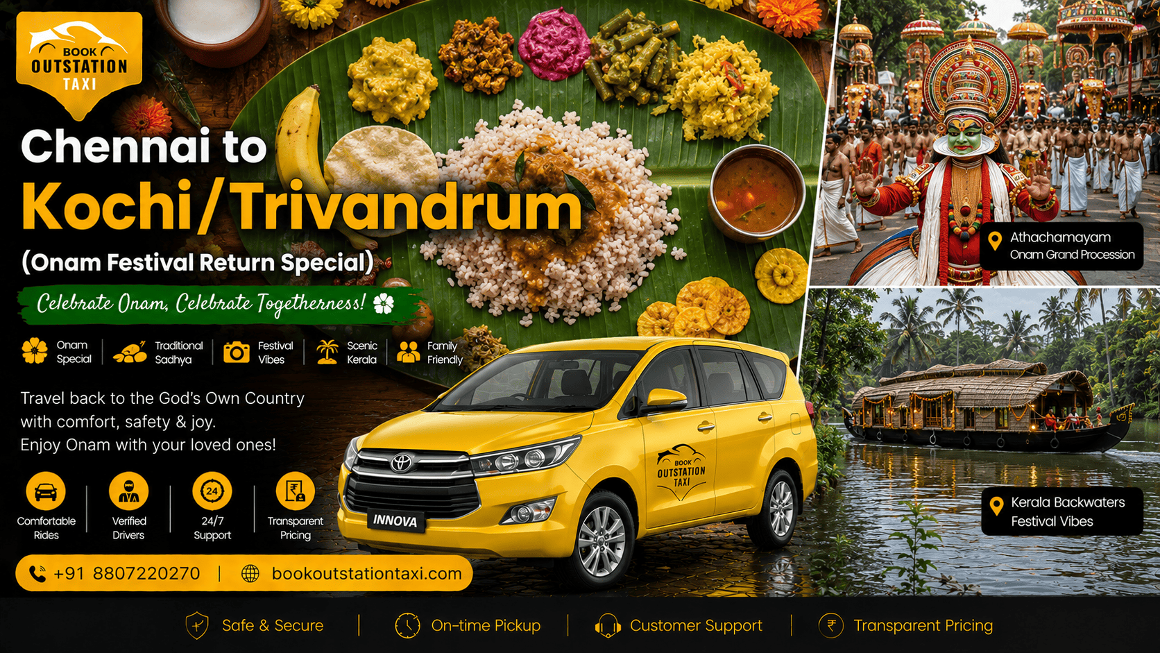 Chennai to Kochi/Trivandrum Outstation Taxi | Onam 2026 Return Special