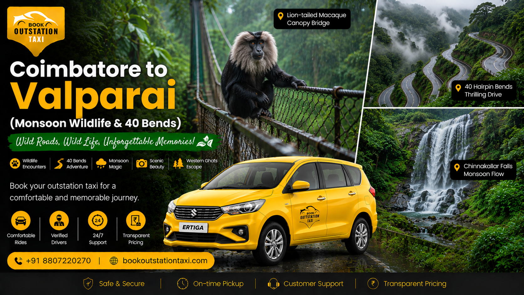 Coimbatore to Valparai Outstation Taxi | Monsoon Wildlife & 40 Bends