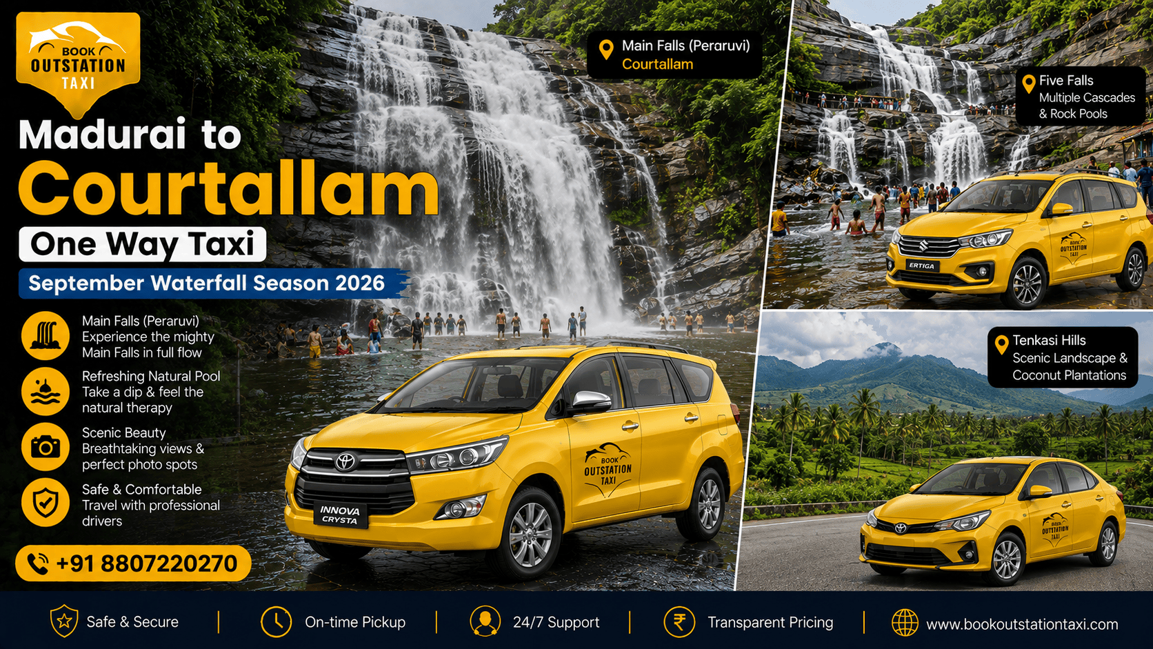 Madurai to Courtallam One Way Taxi | September Waterfall Season 2026