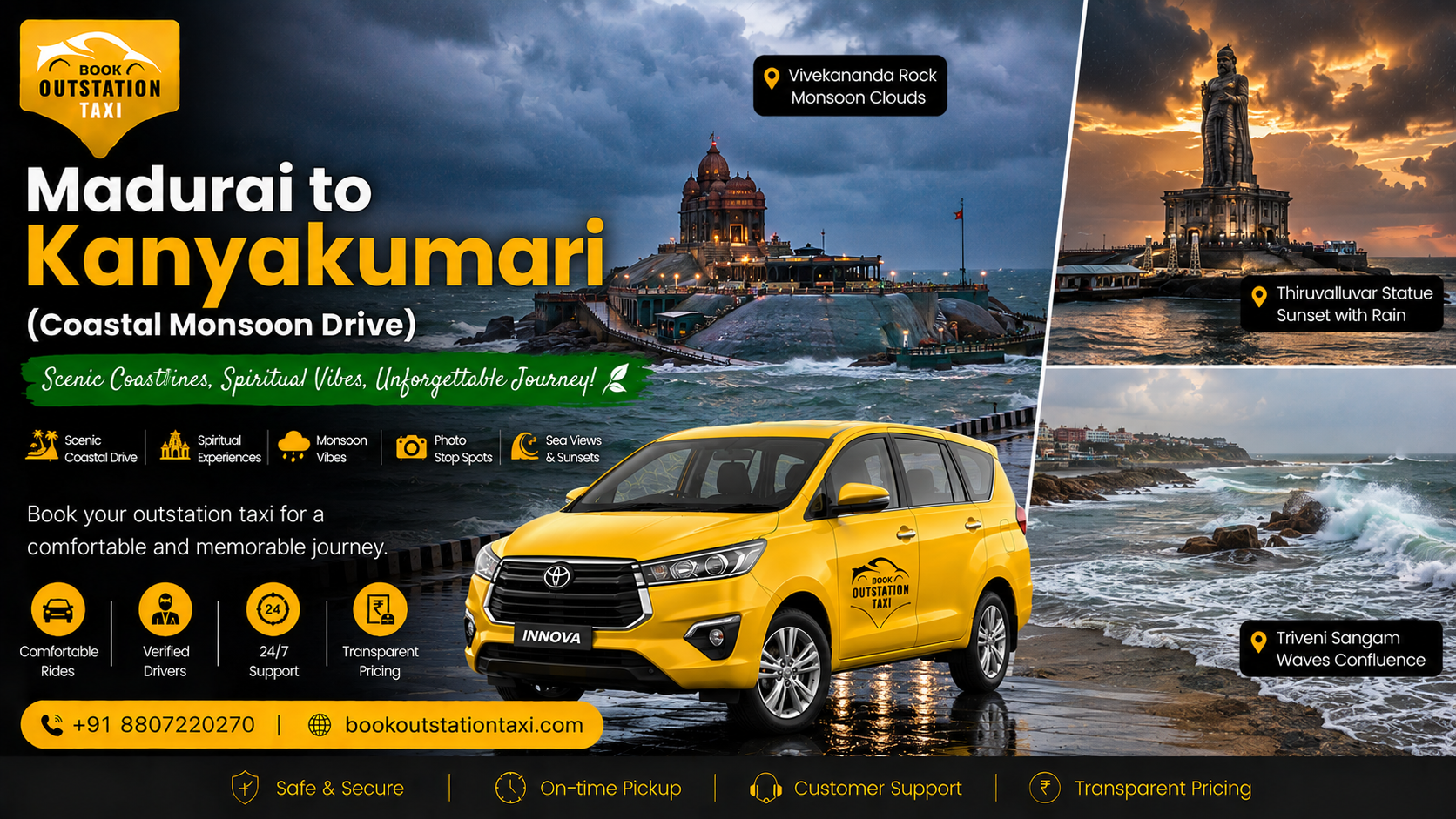 Madurai to Kanyakumari Outstation Taxi | Coastal Monsoon Drive 2026