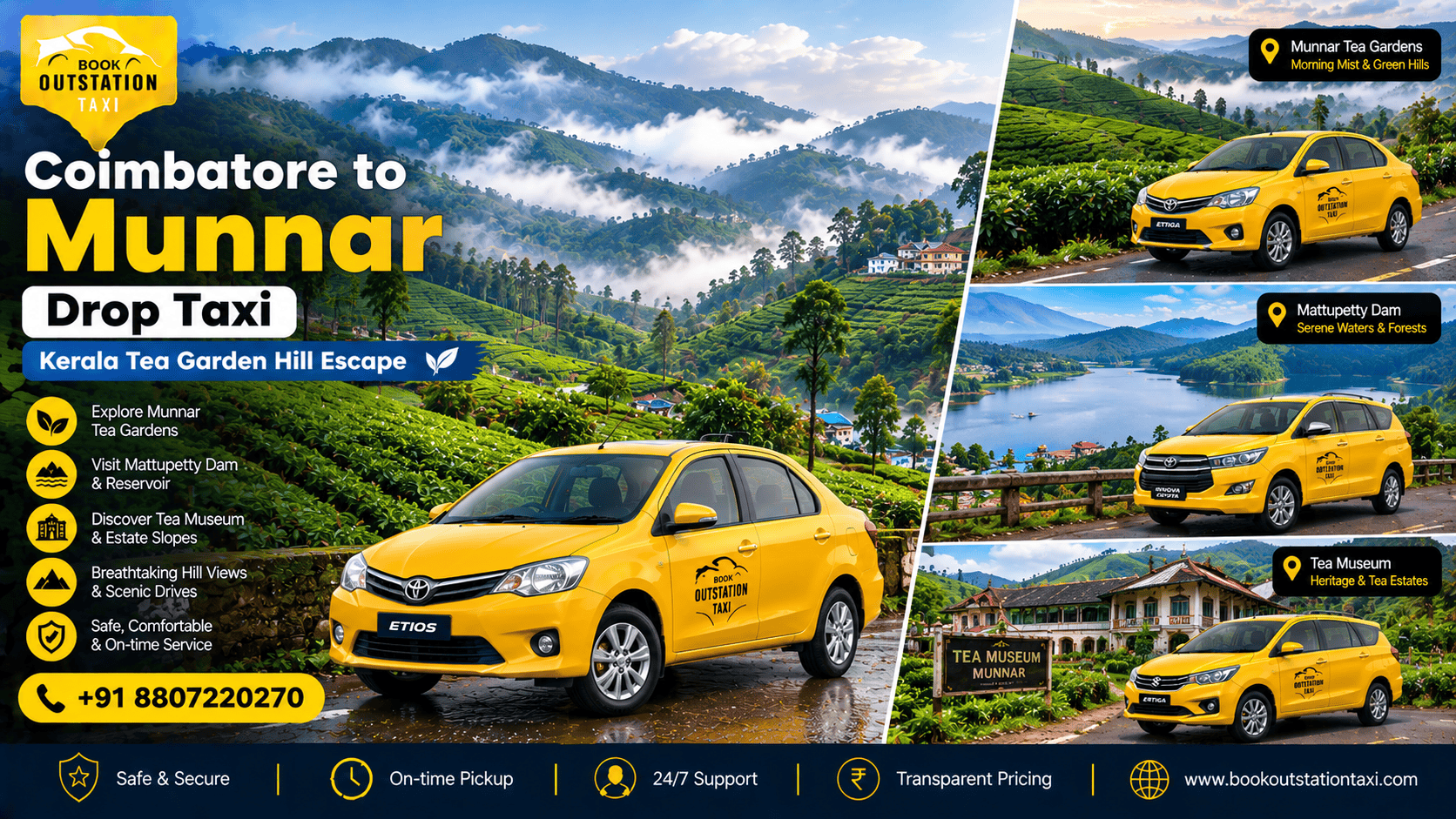 Coimbatore to Munnar Drop Taxi | Kerala Tea Garden Hill Escape
