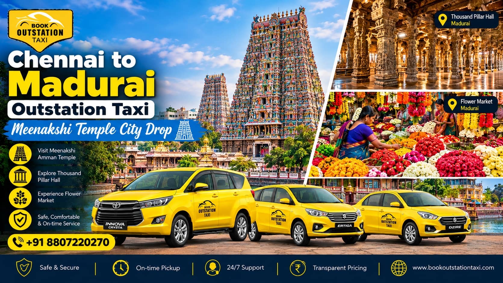 Chennai to Madurai Outstation Taxi | Meenakshi Temple City Drop