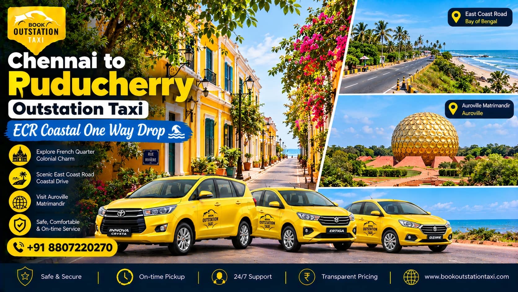 Chennai to Puducherry Outstation Taxi | ECR Coastal One Way Drop