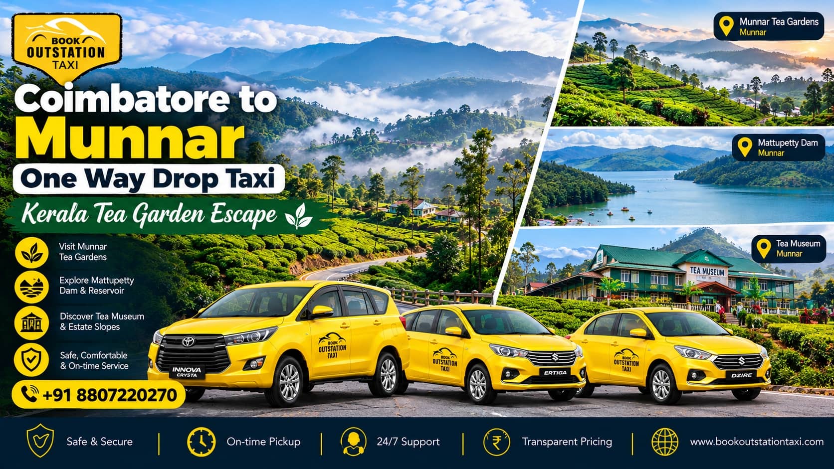 Coimbatore to Munnar One Way Drop Taxi | Kerala Tea Garden Escape